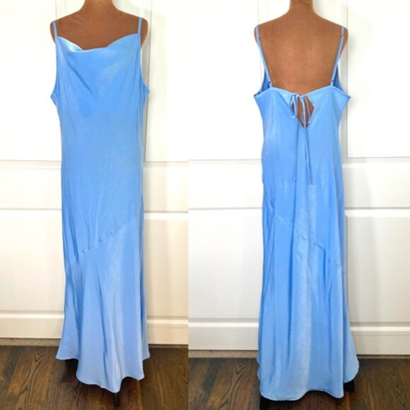 Sky Blue Cowl Neck Satin Slip Maxi Tie-Back Dress 0X - New without Tags - Picture 1 of 13